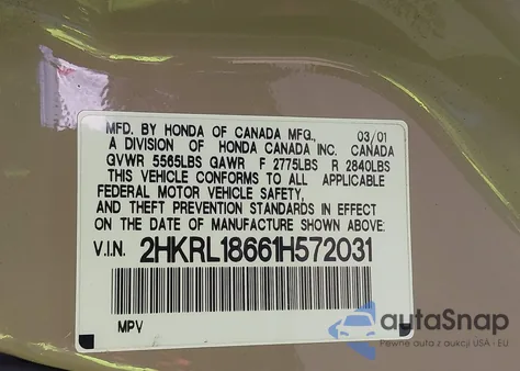2001 Honda Odyssey Ex z USA, uszkodzony, nr VIN 2HKRL18661H572031